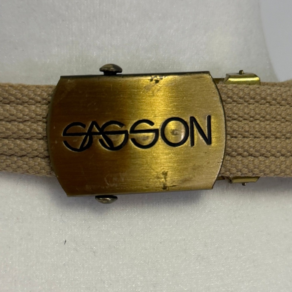 Vintage 80s Sasson Khaki Canvas Web Belt Gold Logo Buckle Designer‎ Jeans